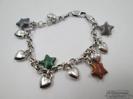 Pulsera plata de ley 925. Años 90. Corazones y estrellas. Esmalte