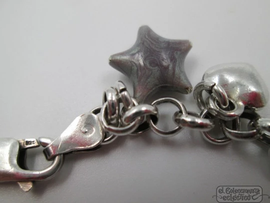 Pulsera plata de ley 925. Años 90. Corazones y estrellas. Esmalte