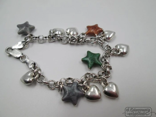 Pulsera plata de ley 925. Años 90. Corazones y estrellas. Esmalte