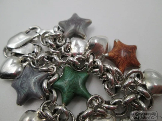 Pulsera plata de ley 925. Años 90. Corazones y estrellas. Esmalte