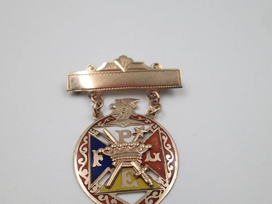 Pythian Sisters / Knights of Pythias badge. 14k gold and enamel. 1920's