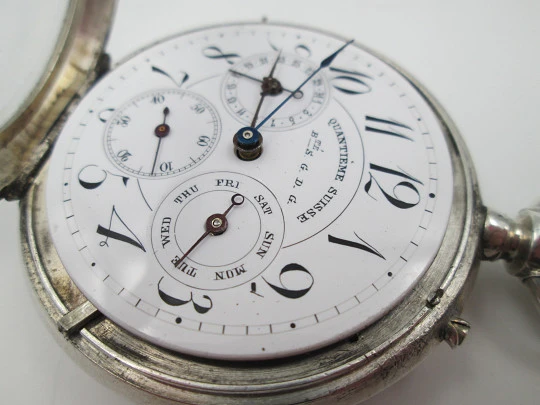 Quantieme Suisse grand complication. Sterling silver. Seconds hand & calendar