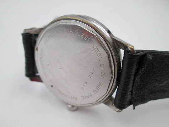 Radiant. Chrome metal and steel. Manual wind. 1970's. Calendar. Strap