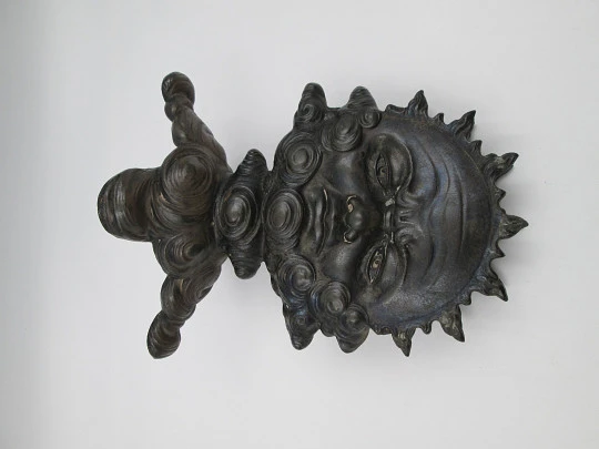 Rare figurative knife holder for table service. Double-faced child figure. Pewter. 1880's