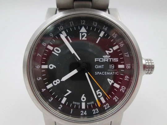 Rare Fortis Spacematic GMT. Calendar. Stainless steel. Bracelet. 20 ATM
