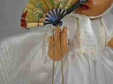 Rare hair pin. Golden metal, paper and wood. 1950's. Hand fan