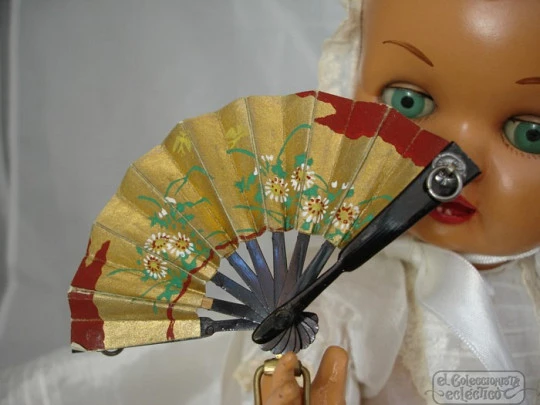 Rare hair pin. Golden metal, paper and wood. 1950's. Hand fan