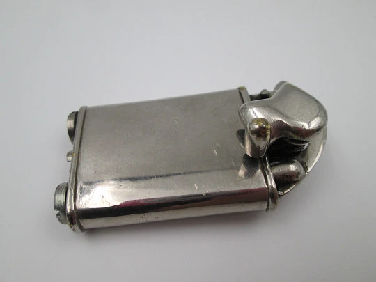 Rare lift arm petrol pocket lighter with crank started mechanism. Silver plated. 1930's