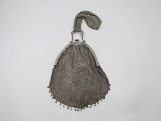 Rare mesh bag with inside purse. Handle and ribbon. 800 sterling silver. Europe. 1920's