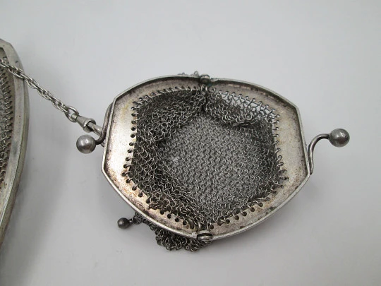 Rare mesh bag with inside purse. Handle and ribbon. 800 sterling silver. Europe. 1920's