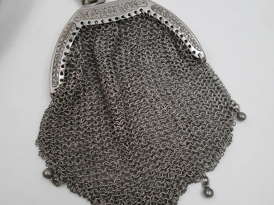 Rare mesh bag with inside purse. Handle and ribbon. 800 sterling silver. Europe. 1920's