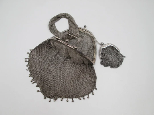 Rare mesh bag with inside purse. Handle and ribbon. 800 sterling silver. Europe. 1920's