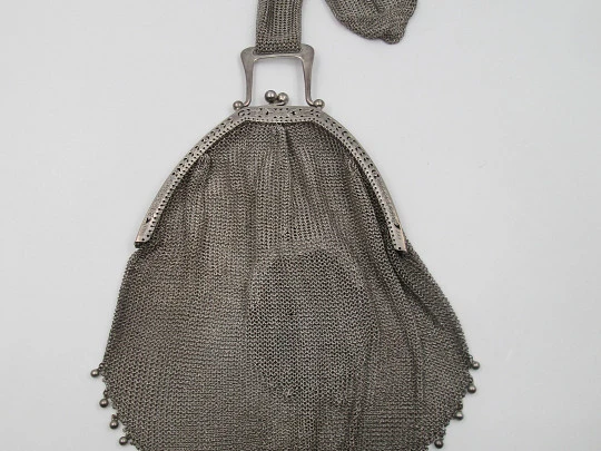 Rare mesh bag with inside purse. Handle and ribbon. 800 sterling silver. Europe. 1920's