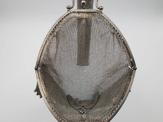 Rare mesh bag with inside purse. Handle and ribbon. 800 sterling silver. Europe. 1920's