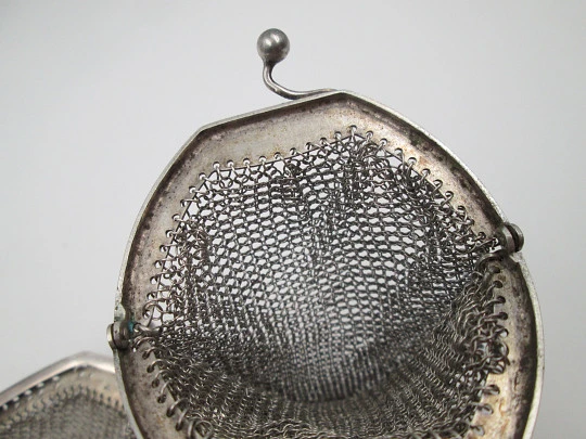 Rare mesh bag with inside purse. Handle and ribbon. 800 sterling silver. Europe. 1920's