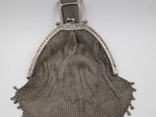 Rare mesh bag with inside purse. Handle and ribbon. 800 sterling silver. Europe. 1920's