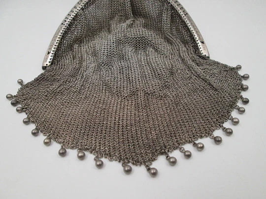 Rare mesh bag with inside purse. Handle and ribbon. 800 sterling silver. Europe. 1920's