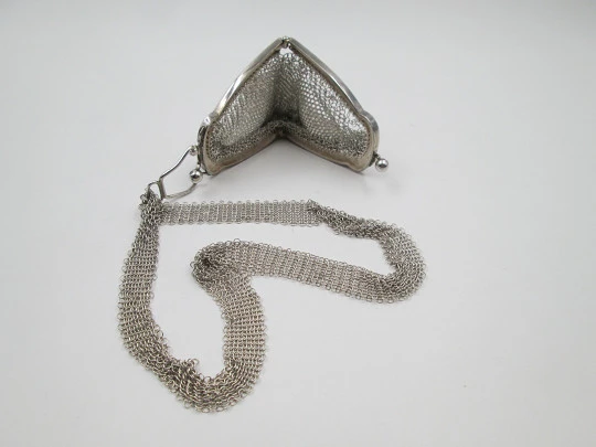 Rare mesh bag. Handle and ribbon. 800 sterling silver. Narrow clutch frame. Europe