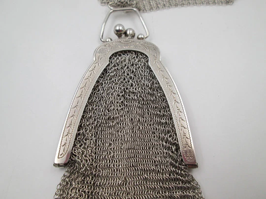 Rare mesh bag. Handle and ribbon. 800 sterling silver. Narrow clutch frame. Europe