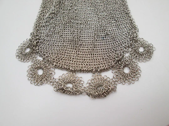 Rare mesh bag. Handle and ribbon. 800 sterling silver. Narrow clutch frame. Europe