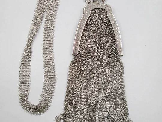 Rare mesh bag. Handle and ribbon. 800 sterling silver. Narrow clutch frame. Europe