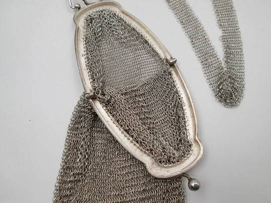 Rare mesh bag. Handle and ribbon. 800 sterling silver. Narrow clutch frame. Europe