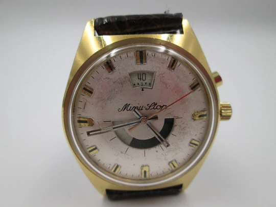 Rare Minu Stop. Gold plated case & stainless steel. Leather strap
