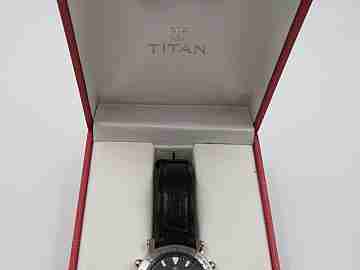 Rare Titan chronograph. Steel & metal. Quartz. 1970-80's. Swiss. Box