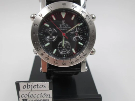 Rare Titan chronograph. Steel & metal. Quartz. 1970-80's. Swiss. Box