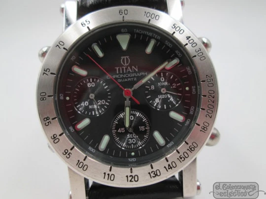 Rare Titan chronograph. Steel & metal. Quartz. 1970-80's. Swiss. Box