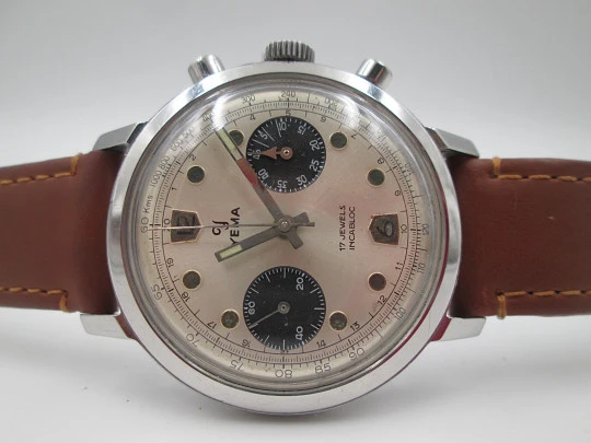 Rare Yema Panda men's chronograph. Stainless steel. Manual wind. France. 1960's