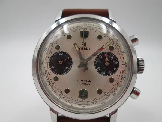 Rare Yema Panda men's chronograph. Stainless steel. Manual wind. France. 1960's