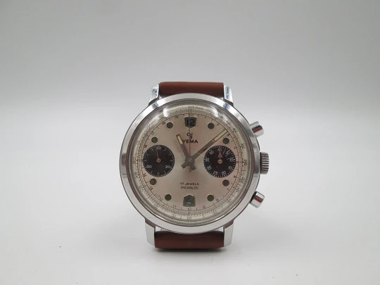 Rare Yema Panda men's chronograph. Stainless steel. Manual wind. France. 1960's