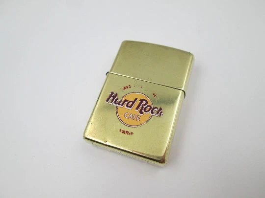 Rare Zippo Hard Rock petrol pocket lighter. High polished solid brass. United States. 1990's