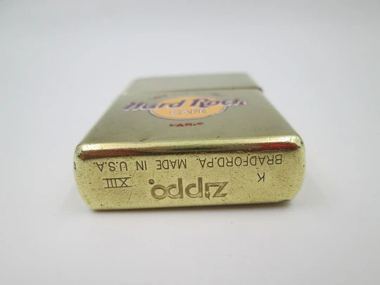 Rare Zippo Hard Rock petrol pocket lighter. High polished solid brass. United States. 1990's
