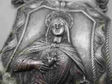 Raro escapulario gigante en plata con cadena. Virgen María y Corazón Jesús