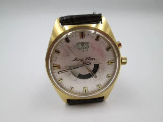 Raro reloj Minu Stop. Chapado oro y acero. Correa piel. Cuerda