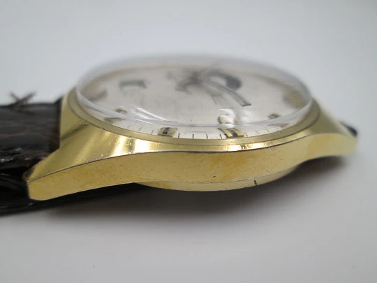 Raro reloj Minu Stop. Chapado oro y acero. Correa piel. Cuerda