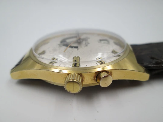 Raro reloj Minu Stop. Chapado oro y acero. Correa piel. Cuerda