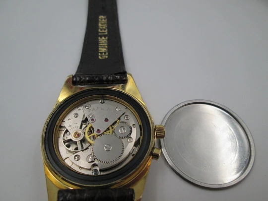 Raro reloj Minu Stop. Chapado oro y acero. Correa piel. Cuerda