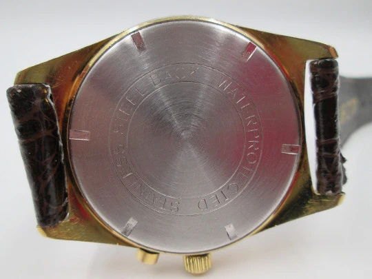 Raro reloj Minu Stop. Chapado oro y acero. Correa piel. Cuerda