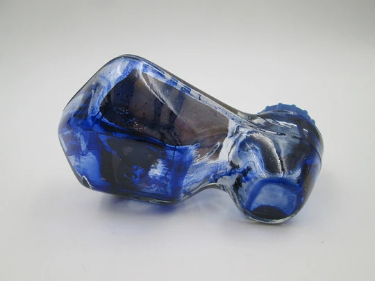 Raro tintero zapato Montblanc Nº 29. Cristal tallado y tapa roscada azul. 1960. Alemania