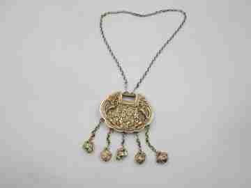 Rattle necklace. Vermeil sterling silver. Bells and relief engravings. Chain. 1970