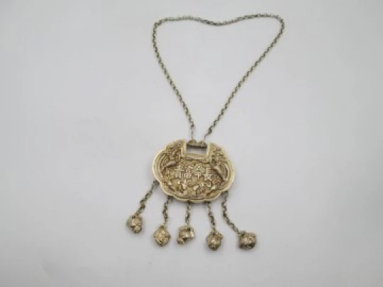 Rattle necklace. Vermeil sterling silver. Bells and relief engravings. Chain. 1970