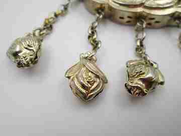Rattle necklace. Vermeil sterling silver. Bells and relief engravings. Chain. 1970