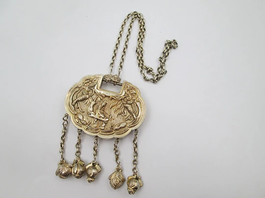 Rattle necklace. Vermeil sterling silver. Bells and relief engravings. Chain. 1970