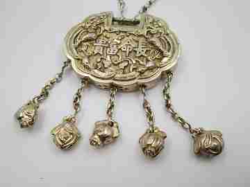 Rattle necklace. Vermeil sterling silver. Bells and relief engravings. Chain. 1970
