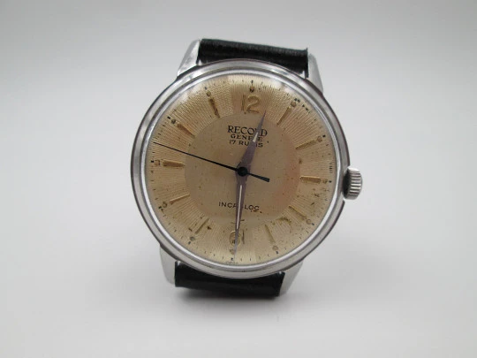 Record Geneve. Stainless steel. Manual wind. Leather strap. 1960's. Swiss