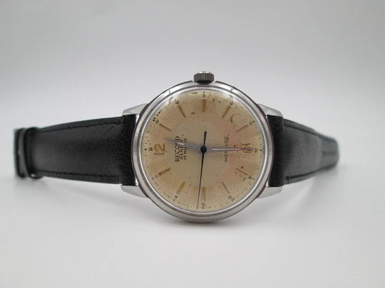 Record Geneve. Stainless steel. Manual wind. Leather strap. 1960's. Swiss