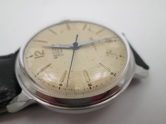 Record Geneve. Stainless steel. Manual wind. Leather strap. 1960's. Swiss